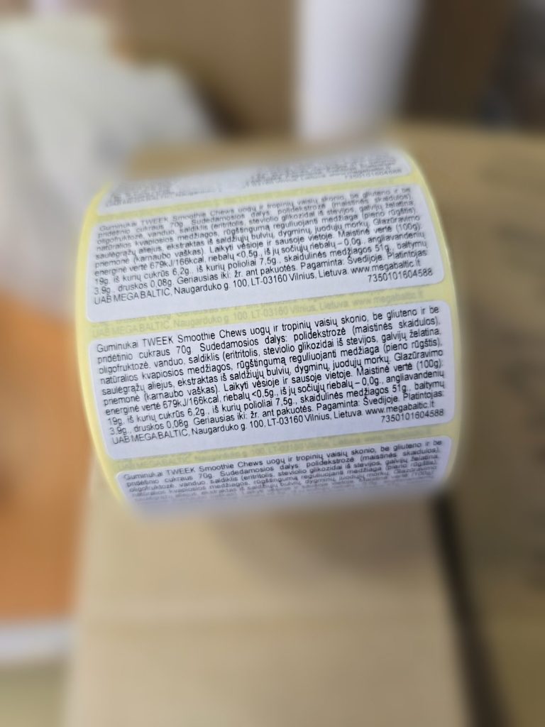 Product ingredient labels on a roll
